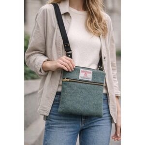 Harris Tweed Wool Crossbody Bag Teal Green Scottish Hand Woven Messenger Purse